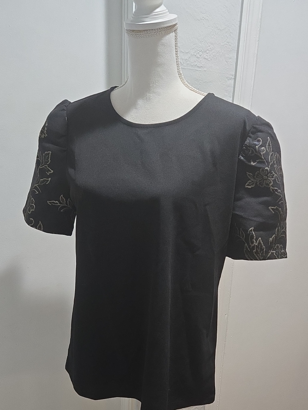 Ann Taylor Black Short Sleeve Top with Embroidered Puff Sleeves